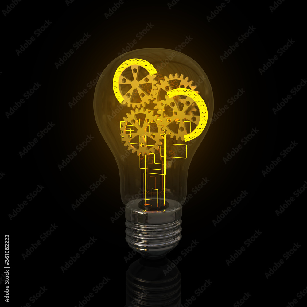 Lightbulb with gears glowing in dark style of cyberpunk. Technological idea, thinking, AI innovation, research and development. 3D strategy inspiration black background. Lightbulb with gears glowing in dark style of cyberpunk. Technological idea, thinking, AI innovation, research and development. 3D strategy inspiration black background.