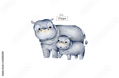 Cute baby Hippo with mother. Hand drawn adorable watercolor wildlife African animlas cartoon illustration on white background photo