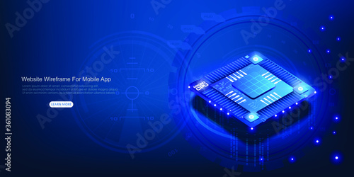 Futuristic neon microprocessor on blue background. Microchip for data exchange.  Powerful computing processor of the future 