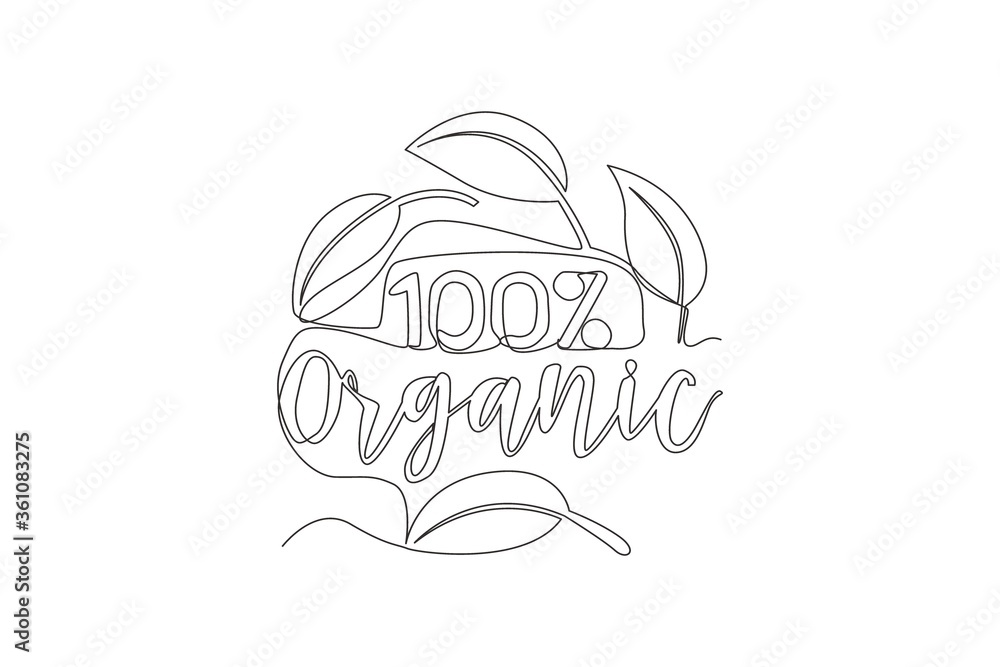 Fototapeta premium Single continuous line drawing of eco green and natural food typography quote - 100% Organic. Calligraphic design for print, card, banner, poster. One line draw graphic design vector illustration