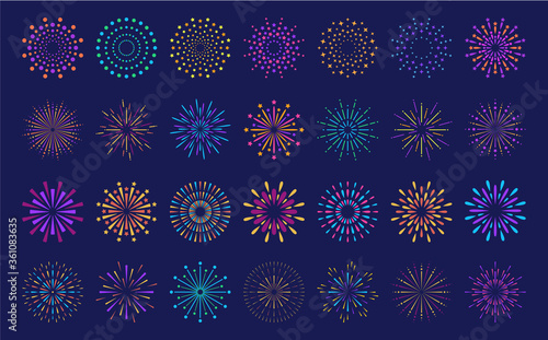 Abstract burst pattern fireworks set. Flat colorful star shaped firework geometric pattern collection isolated on blue background. Carnival celebration explosion, birthday party festive decoration,