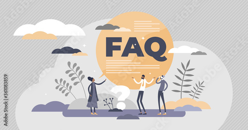 FAQ support as frequently asked questions help in flat tiny persons concept