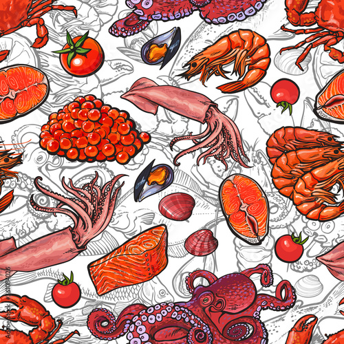 Vector illustration of seafood seamless pattern with various delicacy marine edible animals.