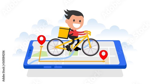 Delivery. Courier on a bicycle delivers a parcel. Ecological city bike delivery service.