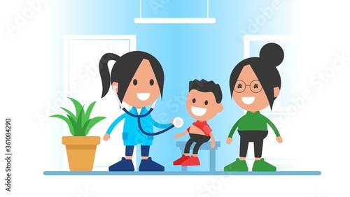 Mother and child boy visit therapist at clinic. Family at consultation of pediatrician. Doctor examination kid use stethoscope.