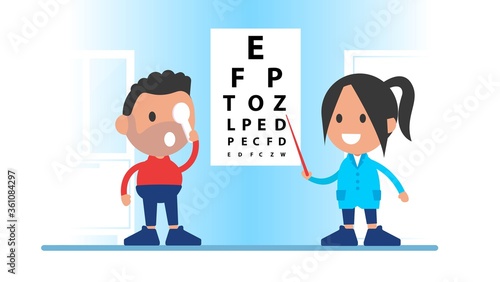 Optometrist measuring the patient’s visual acuity. Ophthalmologist or oculist with a pointer standing next to the eye chart and checking a person’s vision.