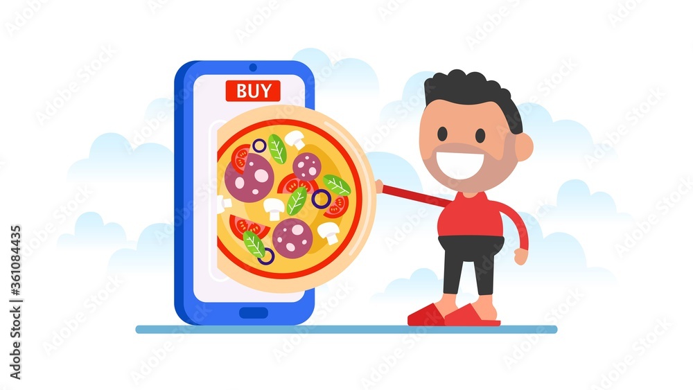 Online order pizza. E Commerce concept, order fast food online. advertising, websites, banners design. Delivery service.