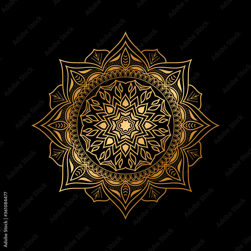 luxury gold mandala on black background. Ethnic vintage pattern.