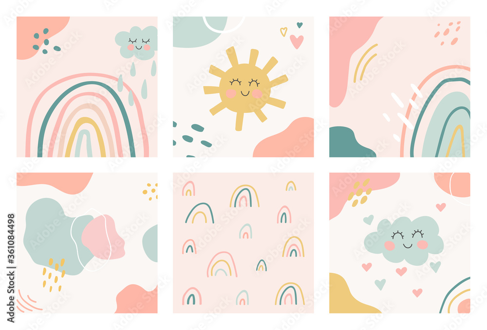 Hand drawn unique organic shapes composition. Set of six cute kids nursery backgrounds. Contemporary modern design. Minimal stylish cover template in pastel colors. Vector illustration