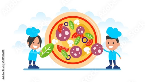 Chefs cooking a tasty traditional vegetables pizza.