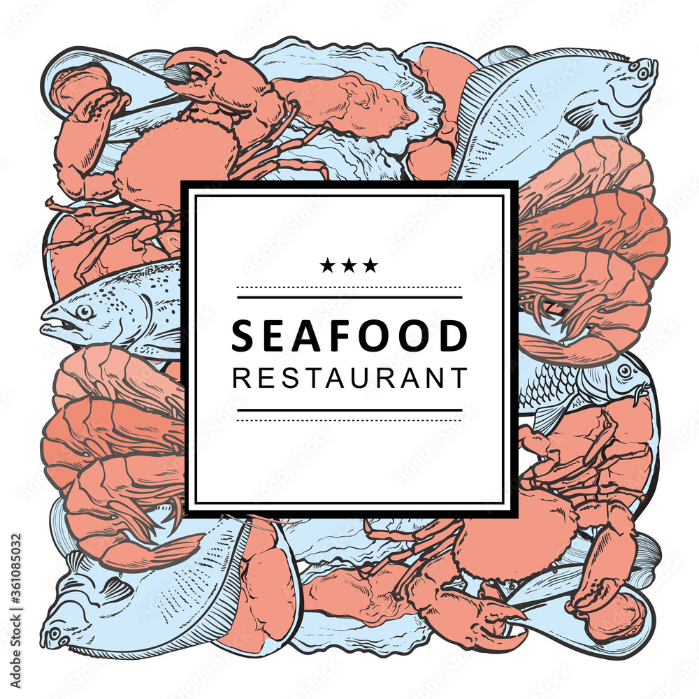 Obraz premium Vector illustration of seafood restaurant banner with various aquatic edible animals.