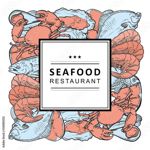 Vector illustration of seafood restaurant banner with various aquatic edible animals.