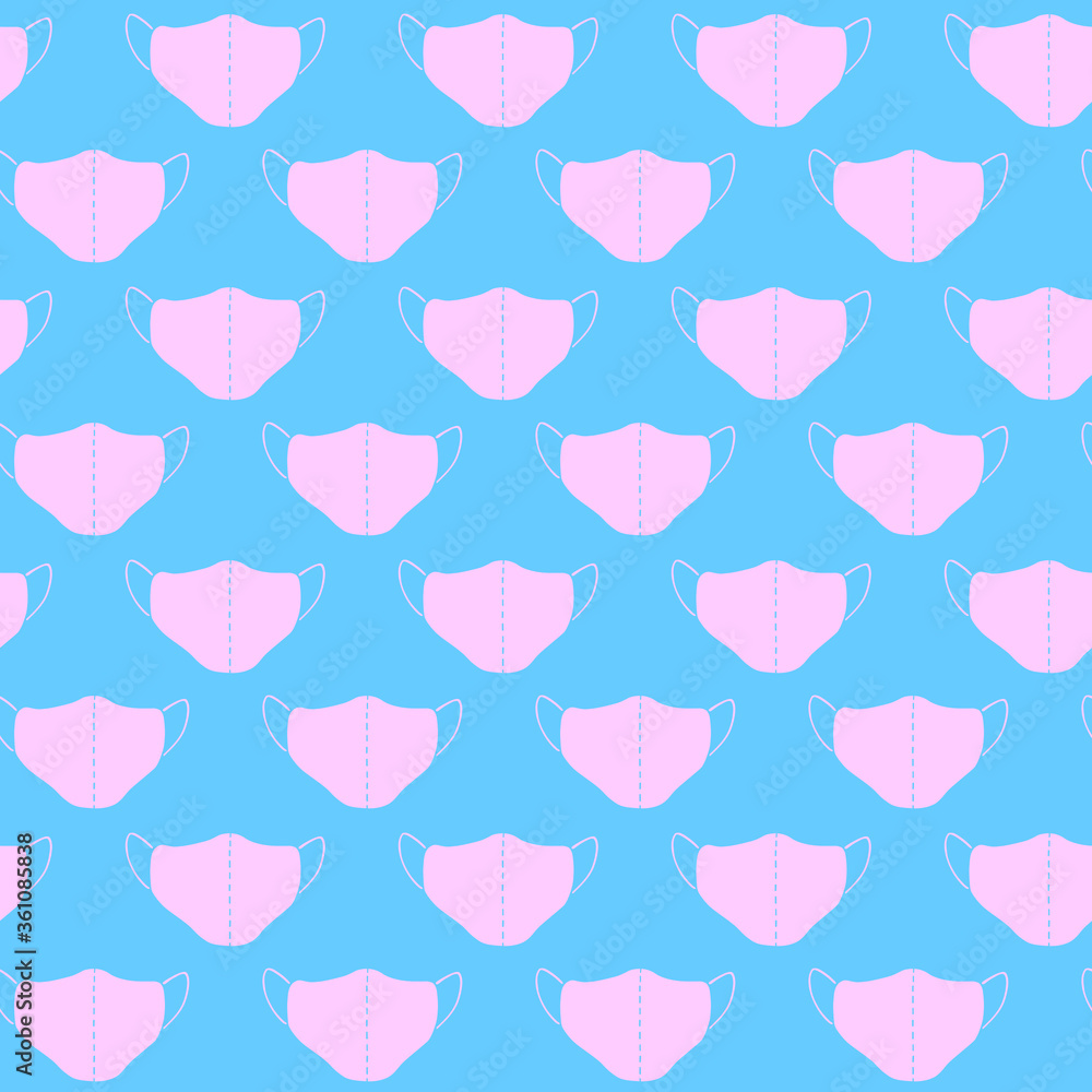 Seamless pattern with pink medical face masks isolated on blue background. Virus protection, quarantine. Coronavirus pandemic. Covid-19 Seamless pattern with pink medical face masks isolated on blue background. Virus protection, quarantine. Coronavirus pandemic. Covid-19