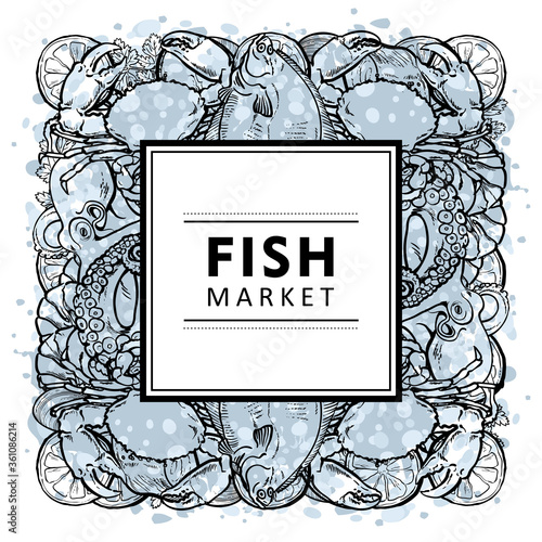 Vector illustration of fish market banner with different edible marine animals.