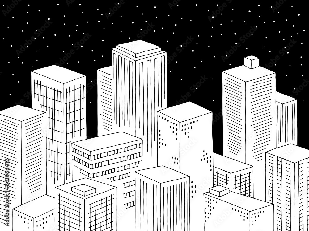 Fototapeta premium City night graphic black white cityscape top view from above aerial sketch illustration vector