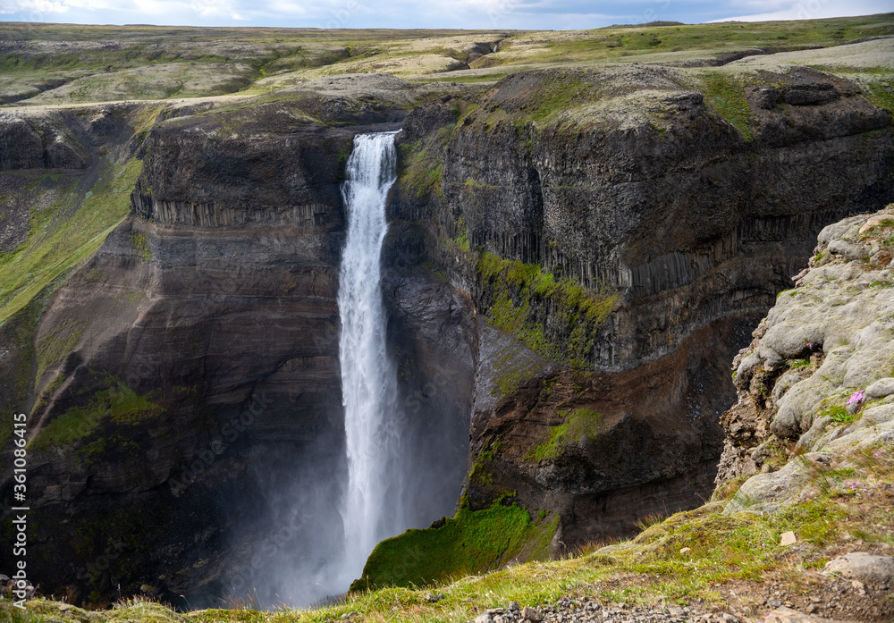 View of the landscape of the Haifoss waterfall in Iceland. View of the landscape of the Haifoss waterfall in Iceland.
