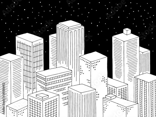 City night graphic black white cityscape top view from above aerial sketch illustration vector