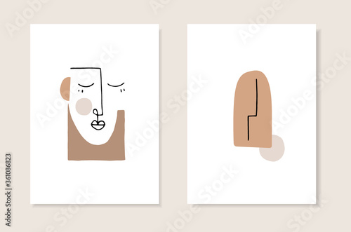 Vector set of artistic templates, invitations. Illustrations of sleeping female portrait with closed eyes in minimal linear style. Modern cubism art with abstract shapes. Beauty and fashion concept.
