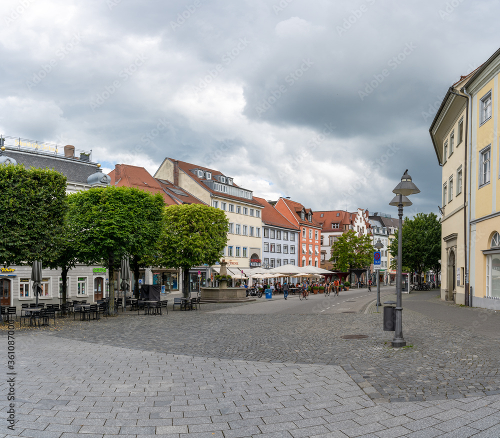 view of the Marienplatz Square in the heart of the historic old town of Ravensburg in southern Germany