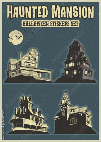 Hauted Mansions, Old Houses Halloween Illustration Set, Full Moon, Bats, Cobweb