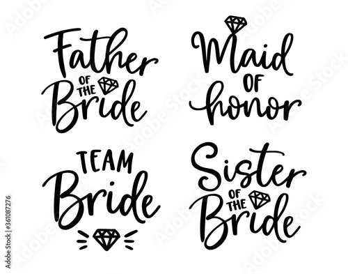 Wedding lettering set. Black hand lettered quotes with diamond rings for greeting cards, gift tags, labels. Typography collection. Love concept. Isolated vector illustrations. Broom and bride design.
