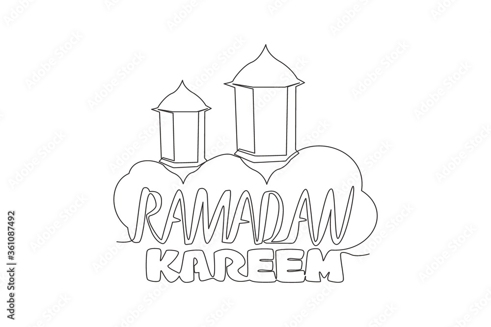 One single line drawing of Happy Eid Al Fitr Mubarak and Ramadan Kareem concept. Islamic holiday calligraphic design for print, greeting card, banner, poster. Continuous line draw design illustration