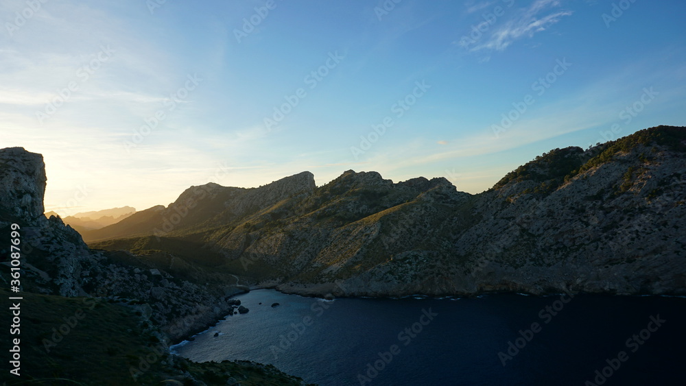 the sunset at the Cap Formentor, Port Pollenca, on the island Mallorca, Spain, in the month of January