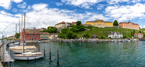 panorama view of Meersburg on Lake Constance with the harbor in the foreground