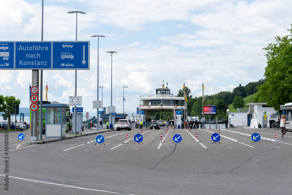 car ferry loading port in Meersburg with a sign car ferry loading port in Meersburg with a sign
