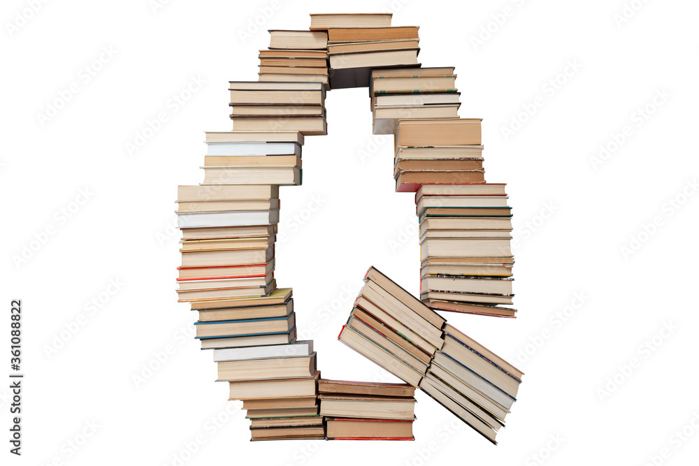 Letter - Q made of books isolated on white background. Book letter font mockup from the alphabet. Concept of education. Nobody Letter - Q made of books isolated on white background. Book letter font mockup from the alphabet. Concept of education. Nobody