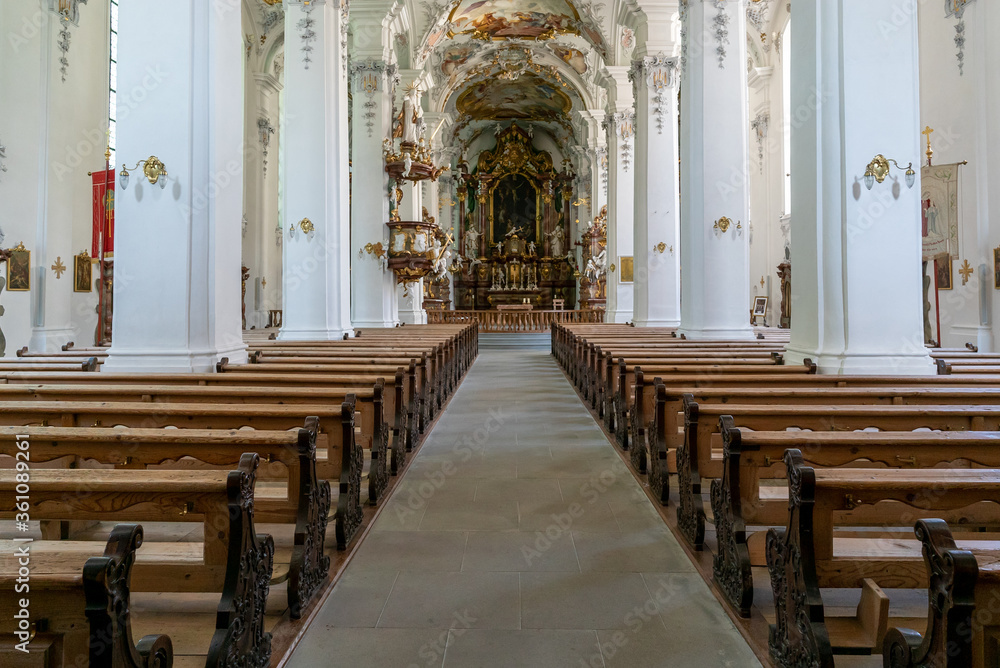 interior view of the historic church of St. Georg and Jakobus in Isny in southern Germany