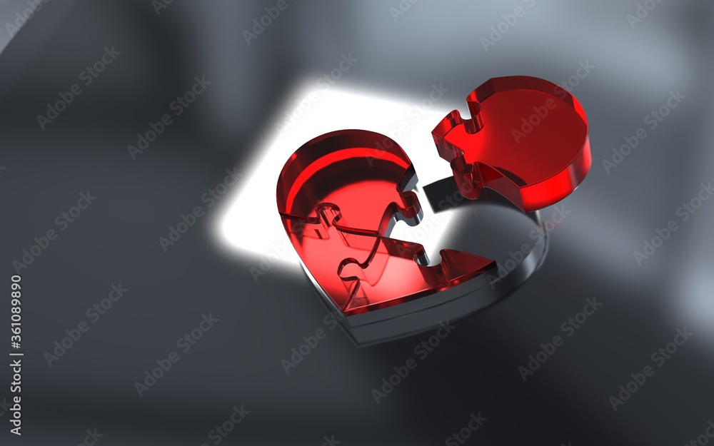 Fototapeta red glass heart puzzle with missing piece lying nearby - 3D-illustration