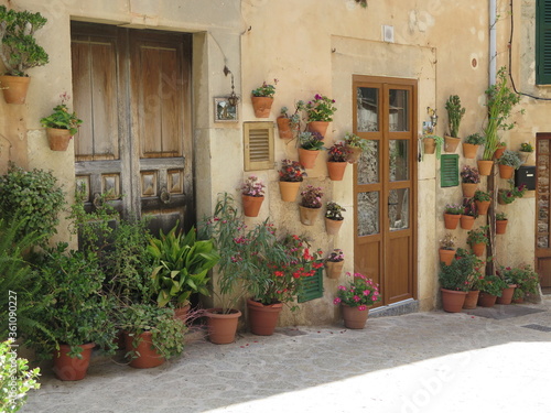 flower pots in Valldemossa, Tramuntana Mountains, Mallorca, Spain, in the month of June © Miriam
