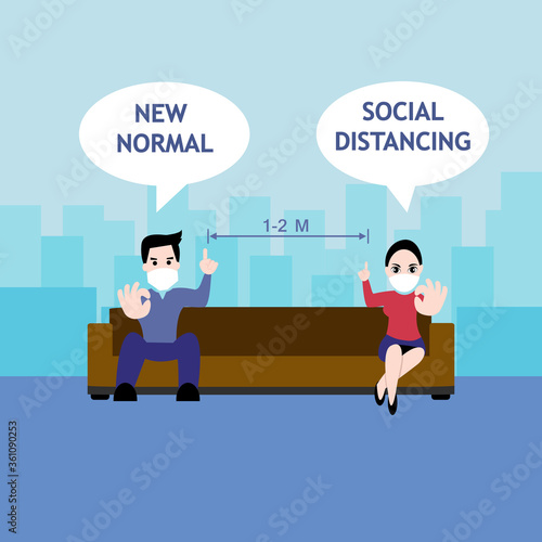 Couple wearing medical mask and sitting by social distancing,New normal is stay away and keeping social distance for a while. After pandemic of covid-19 corona virus.Vector illustration