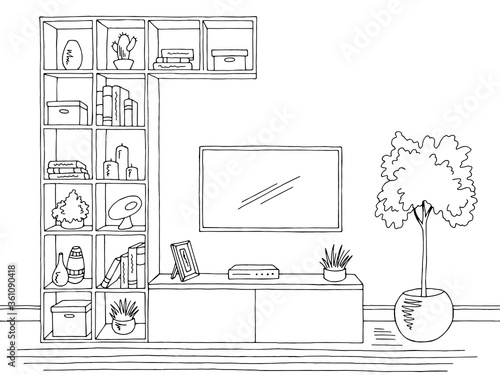 Living room graphic black white interior sketch illustration vector