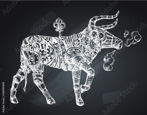 Mechanical bull. Hand drawn vector steampunk animal. Symbol of 2021 eyar. 