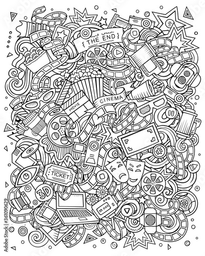 Cartoon line art vector funny doodles Cinema illustration