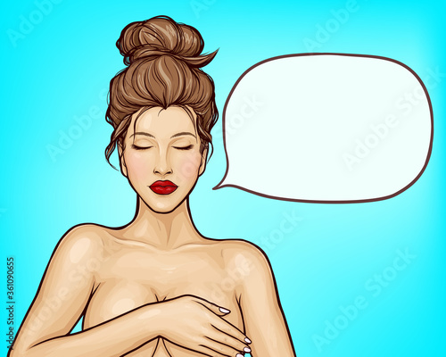 Pop art vector sexy woman covers her naked breasts with hand. Beautiful nude slim girl. Spa, beauty or solarium saloon banner template. Promo, ad poster for plastic surgery center, medical institution