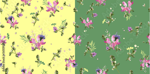 Set of seamless floral patterns with field plants. Vector with flowers scattered randomly on a yellow and green background. For textiles, bedding, fabrics, wallpapers, tiles