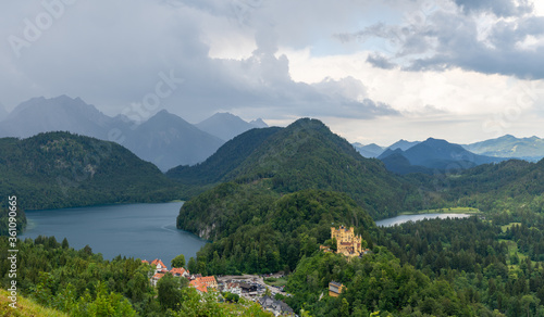 panorama landscape view of Hohenschwangau Castle and Alpsee and Schwansee near Oberschwangau