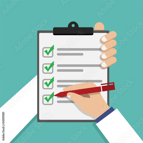 Businessman hands holding clipboard checklist with pen in a flat design.Vector illustration