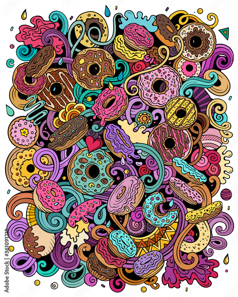 Fototapeta Donuts hand drawn vector doodles illustration. Sweets poster design.