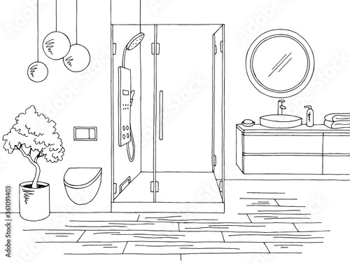 Bathroom graphic home interior black white sketch illustration vector