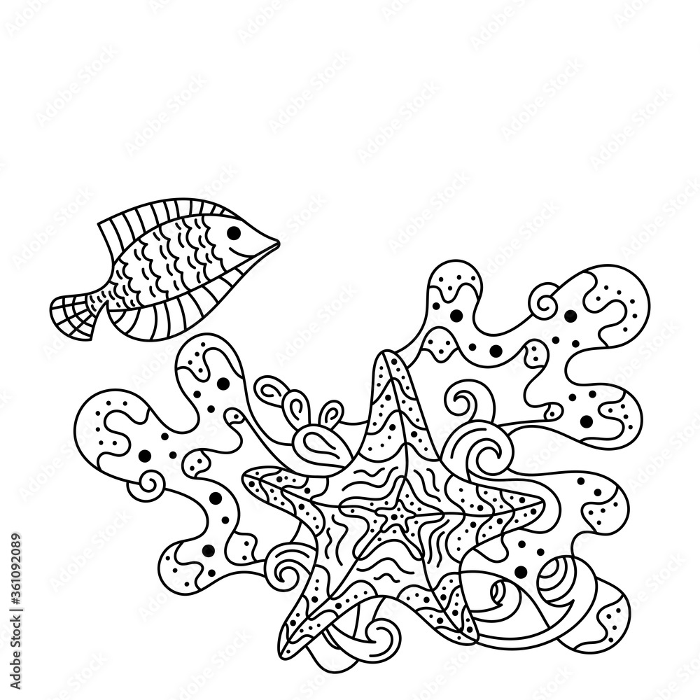 Underwater life, sea in Doodle style .Tropical fish and starfish. Anti-stress coloring books page for adults and children. Vector Underwater life, sea in Doodle style .Tropical fish and starfish. Anti-stress coloring books page for adults and children. Vector