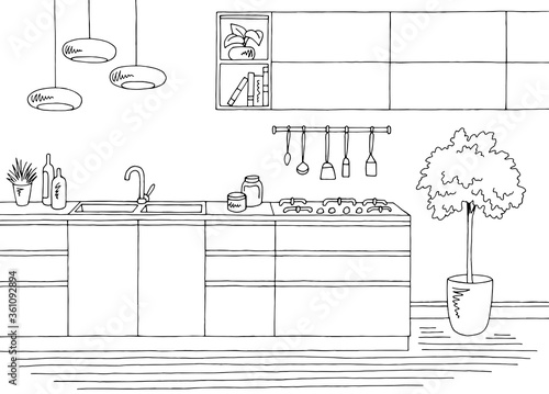 Kitchen room graphic black white home interior sketch illustration vector