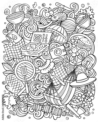 Picnic hand drawn vector doodles illustration. BBQ poster design.