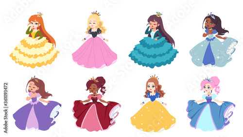 Set of eight cute different little princesses.