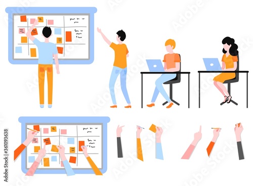 Scrum planning of teamwork on software development set isolated on white background.