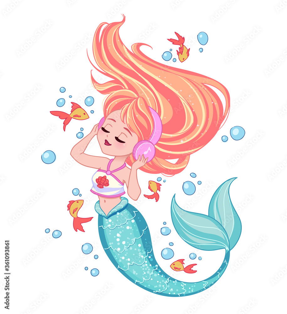 Cute blondie mermaid wearing a t-shirt listen to music.