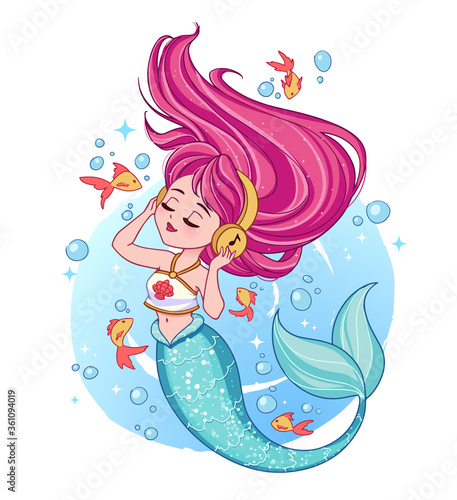 Cute pink haired mermaid wearing a t-shirt listen to music.